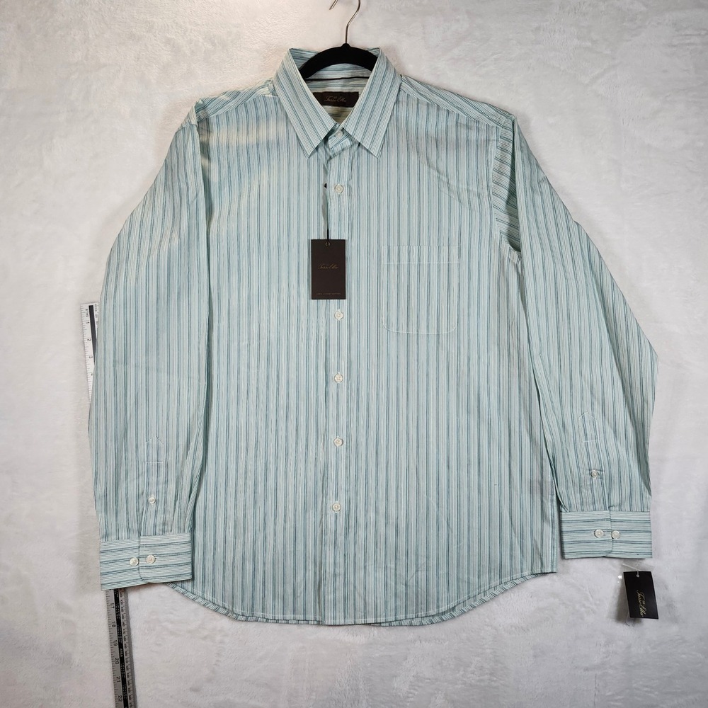 Tasso Elba Mens Large L Light Blue White Stripe Dress‎ Shirt 100% Cotton Luxury